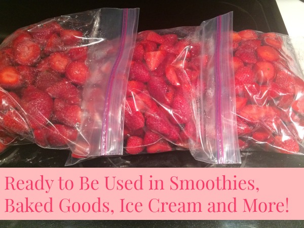 Once frozen and bagged you can use the strawberries all year long in smoothies, baked goods, ice cream and more.