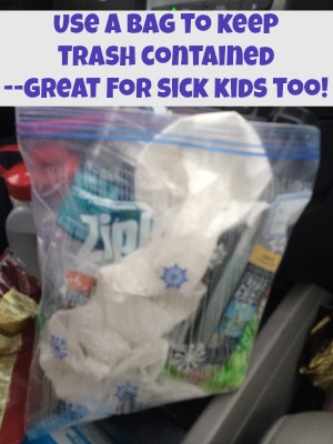Ziplocs bags are great in the car to keep trash contained and great for sick kids too!