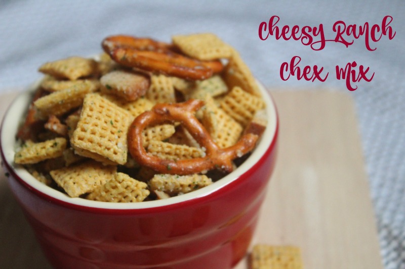 cheesy ranch chex mix in red bowl