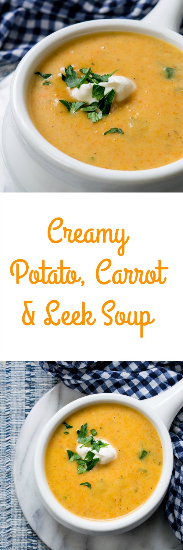 Creamy Potato, Carrot and Leek Soup tastes great, is ready in minutes and is the perfect dinnertime solution for Fall and Winter!